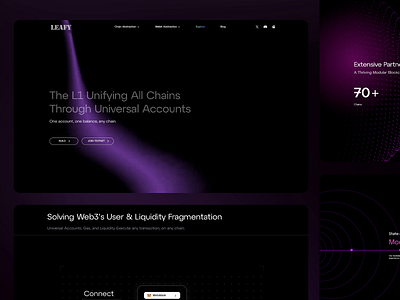 LEAFY: Universal Accounts for Web3 blockchain connectivity blockchain ux ui crypto wallet integration dark mode interface finance ux fintech web design futuristic gradients glowing visual elements innovative web3 solutions interactive platform ui liquidity fragmentation solution minimalistic layout modern fintech design modular blockchain multi chain platform seamless transactions universal accounts uxui web3 design web3 ux trends