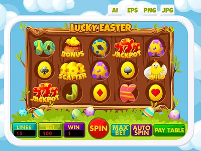 Lucky Easter slot machine UI and full set of 12 slot symbols. 2d game adobe illustration bonus button design easter easter slot game game icon game ui graphic design jackpot slot slot machine ui