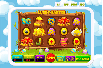 Lucky Easter slot machine UI and full set of 12 slot symbols. 2d game adobe illustration bonus button design easter easter slot game game icon game ui graphic design jackpot slot slot machine ui