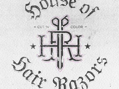 House of Hair Razors: alternative salon alternative arch arched black distress distressed drop edgy gotham hot icon identity inline letter logo monogram pink punk rock rod salon sana scissors serif shadow star tuscan