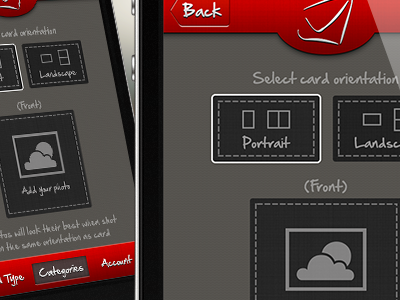 Card app (orientation screen) account card categories clean gift gray greeting card landscape portrait postcard print red ui