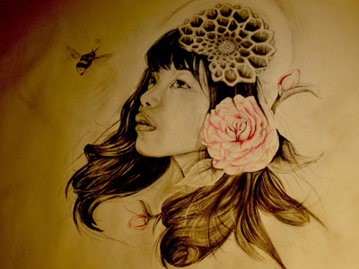 Honey bee chinese drawing flower girl honey illustration