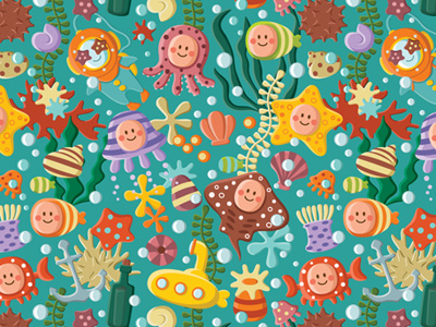 Sea ​​pattern bottle bubbles coral crab diver fish fish roe jellyfish octopus pattern scuba diver sea sea urchin seaweed shells starfish stingray yellow submarine