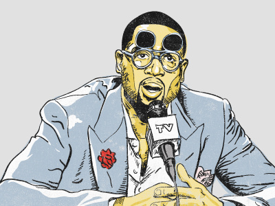 Dwyane Wade - Just Too GQ baller basketball conference design drawing dwyane wade flip shades gq heat illustration miami nba press suit sunglasses