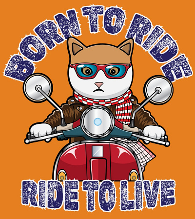 Cat riding red scooty artwork background bike riding cartoon style cute cat graphic design illustration logo mascot red scooty rider traveling tshirt design vector art