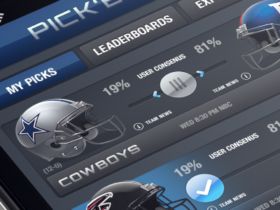 Updated states of Pick'em app blue football game grey ios iphone