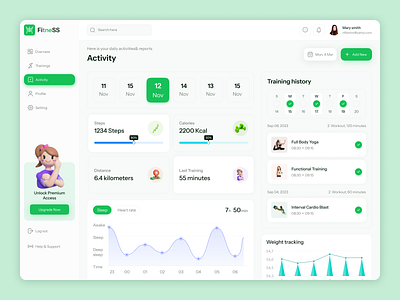 Fitness Management Dashboard activity animation body body building boxing cardio clean dashboard design fitness management gym minimal product start up training trainings uiux uiux designer webapp yoga