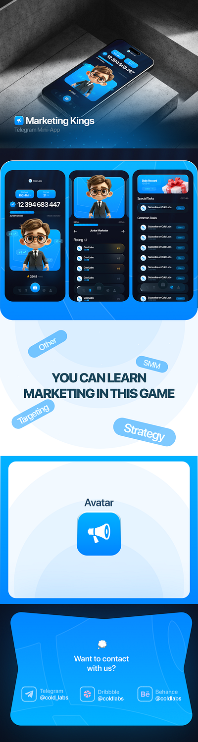 Marketing Kings | Telegram Mini-App 3d ai aiapp animation app branding design graphic design logo motion graphics ui uiux uiuxdes