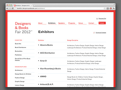 Exhibitors books designers exhibitors front end grid list red table website white wordpress