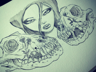 The girl & the wolves girl illustration ink skull wolf wolves