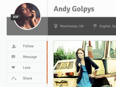 VIP Profile follow interface location love map message model models navigation photographer photography profile profile photo share social social network ui user experience user interface ux