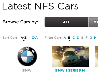 Need for Speed: Cars Gallery Filters buttons filtering links nfs tabs typography ui vizd