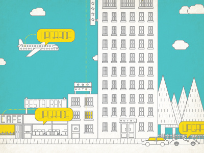 Upgrade illustration aeroplane blue building cafe car city cityscape cloud finance hotel illustrated illustration plane restaurant road sky street texture tree trees upgrade yellow