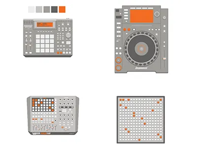 Mystery Poster (WIP) apc cdj drum electronics gray grey illustrator instruments mystery orange poster project sequence sequencer vector wip