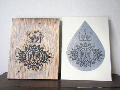 Reduction woodcut crown drop relief print skull woodcut