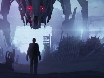 Incoming apocalypse city cover digital illustration monster painting robot ruins sci fi