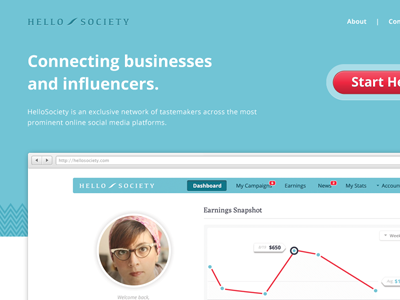 Hello Society Landing Page analytics dashboard landing page teal web design website