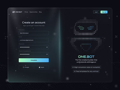 ONE BOT Login & Sign up - Dark Mode | UI/UX Design chat bot chatbot dark mode dark theme landing page log in log in design log in page login sign up sign up design sign up page signup ui uiux uxui web design webdesign