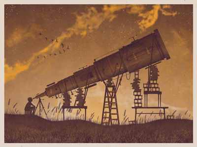 Telescope Art Print art print birds books boy dan kuhlken dkng explosions in the sky field horizon ladder landscape nathan goldman poster sky stars table telescope