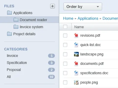 File Manager add app application breadcrumb categories checkbox collaboration document file manager files folder interface manager order by tool ui ux web webapp work