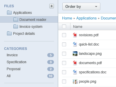 File Manager add app application breadcrumb categories checkbox collaboration document file manager files folder interface manager order by tool ui ux web webapp work