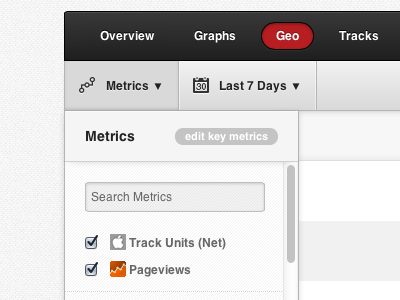 Metrics analytics black dropdown helvetica metrics music next big sound silver tabs toolbars unified