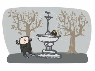 Cold Shower bird fountain illustration park shower trees