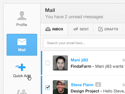 Admin Mail admin mail chat check box drafts earnings email icons inbox messages navigation pakistan profile quick add search sent items side bar textured ui button ui design
