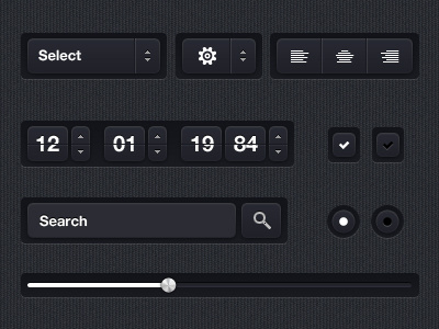 Dark UI Kit black checkbox dark design drop down forms gui icons radio search slider ui ui elements ui kit user interface web forms