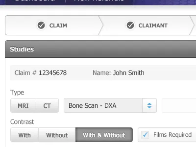 Web App - study type selection (revised) app application blue checkbox claim dropdown gray medical progress selection steps toggle web
