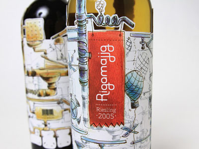 Rigamajig Wine bottle die cut diecut fhsu illustration liquid logo design machine movement packaging primary process ribbon rigamajig rube goldberg machine type typeography typography watercolor wine