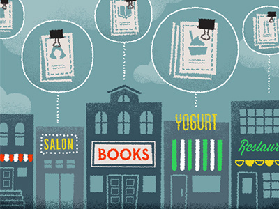 Stores & Coupons books bubbles buildings coupons illustration restaurant salon shops stores yogurt
