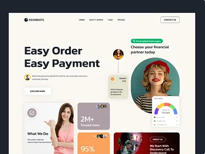 Payments Website:Landing Page Design adobiphotoshop clean elegent figma fireplace landing page minimalist mobile app design online online finalcial online platform rabbi saas shopify tranding ui user interface ux wabsite web design