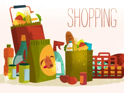 Shopping bread cans cart cleaner food illustration milk petfood retro shopping sounas spaghetti tomato wheel