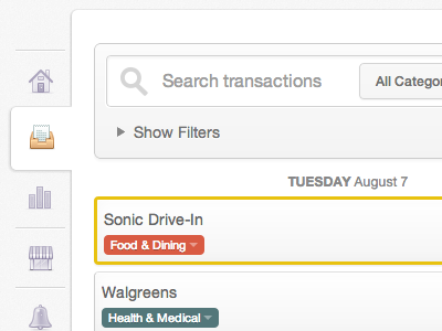 Transaction List app dropdown list search selected tabs ui