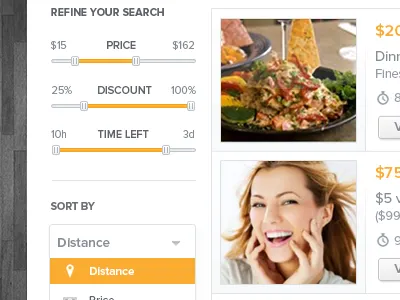 Deal Search button discount distance dropdown grey icons orange price refine sidebar sliders time left timer