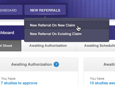 Dashboard - Dropdown app application blue claim dropdown gray medical notification purple web