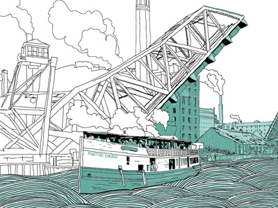 Old Chicago River boat bridge chicago factory gig poster illustration intuos river wacom