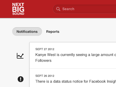 Hack day app hack hackday icons music nbs next big sound notifications reports tabs ui