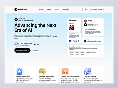 AI Voice Note-Taker and Meeting Summarizer ai ai voice artificial intelligence b2b clean cloud computing landing page machine learning minimal startup technology ui ui ux design webdesign