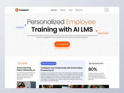 AI-Powered LMS for Personalized Employee Training ai ai trainer artificial intelligence b2b clean growth landing ui landingpage learning learning management system lms machine learning minimal startup trainer ui ui ux design web interface