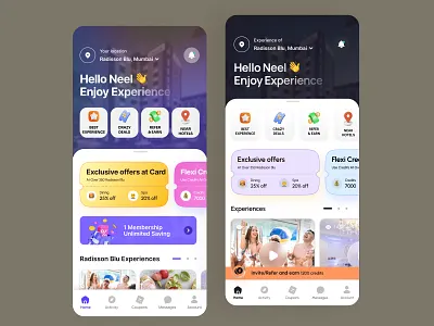 Hotel Experience - Home variations 2025 discount app ui discounted hotel stays hotel app hotel membership app hotel ui mobile ui modern ui design neel litoriya premium hotel experience previlage cards saloneel saloni subscription mobile ui travel ui ui user centered design ux