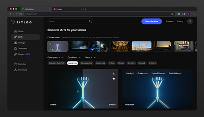 Upload your video to preview LUTs - BitLog prod. apple log branding choser color grade dark theme design graphic design log rec709 select site ui ux web