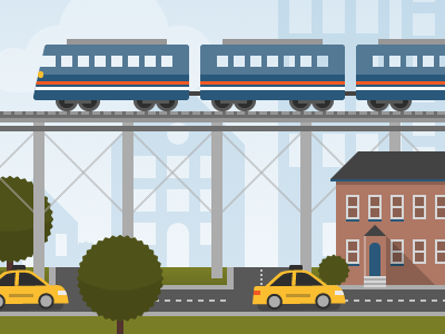 Cityscape bright city flat illustration taxi trains vector