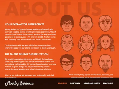 Mostly Serious Website Realignment about agency clean colorful css custom dark designer html illustration javascript light logo marketing mostly serious navigation new orange realign redesign team texture ui ux web website writing