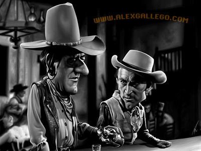 John Wayne and Kirk Douglas - final biopic caricature caricatures celebrities celebrity cinema classic classics cowboys illustration indian john wayne kirk douglas movie portrait saloon television tv western whiskey