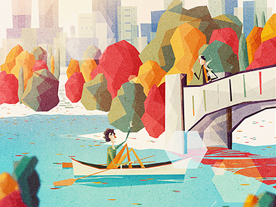 Salad Days blur boat bridge city flare glow illustration lake nyc polygon reflection river shadow texture tree