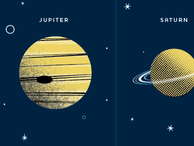 Planets blue halftone illustration planets white yellow