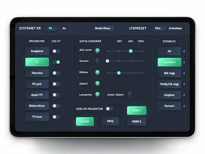 Crestron lights and projector UI app crestron dark mode dark theme dark ui design graphic design green gui home automation interface lighting projector slider smart home stage ui user experience user interface ux