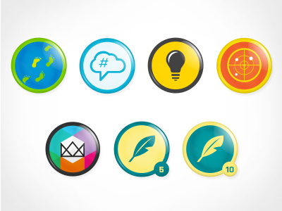 Lunde_Achievement Badges achievement badge achievements badge badges company feet follow footsteps fun project gamification glyph glyphs headhunter icon icons idea internal lightbulb lundegaard pen quill symbol tweet web integration writer